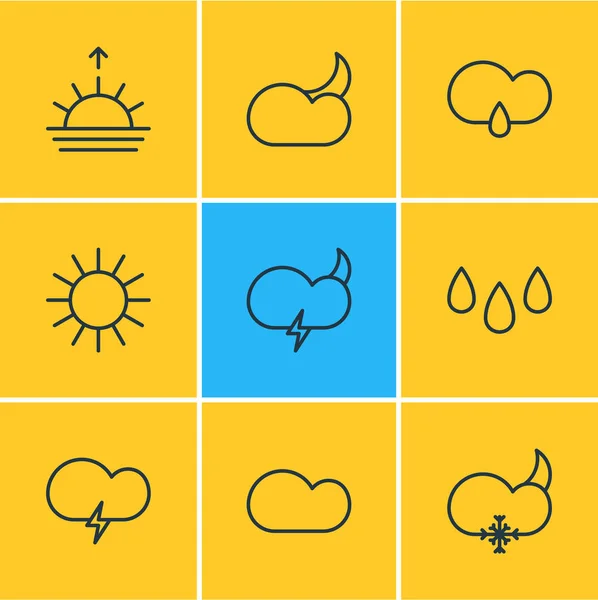 Ilustracja wektorowa 9 ikon niebo. Edytowalne Pack kroplówki, piorunująca, zachód słońca i innych elementów. — Wektor stockowy