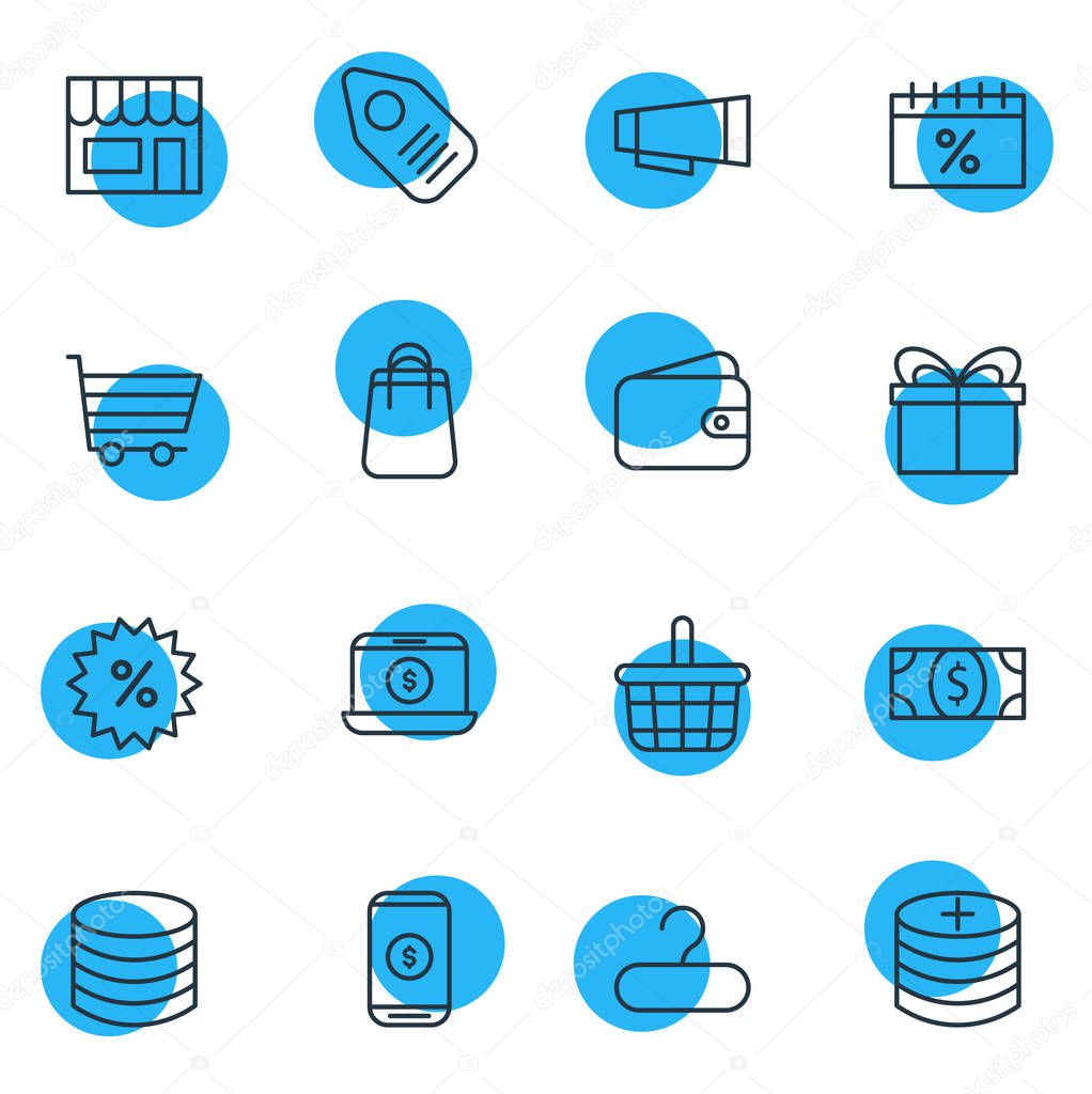 Vector Illustration Of 16 Commerce Icons. Editable Pack Of Money, Present, Box And Other Elements.