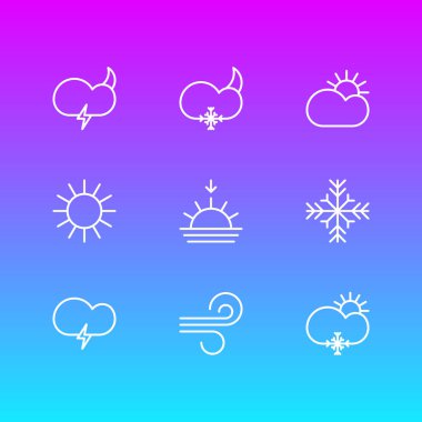 9 atmosfer simgeler vektör Illustration. Güneş, güneş ışığı, gün doğumu ve diğer öğeleri düzenlenebilir sürüsü.