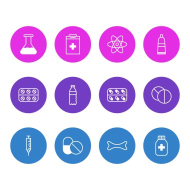 12 sağlık simgeler vektör Illustration. Flask, kemik, gereklilik ve diğer öğeleri düzenlenebilir paketi.