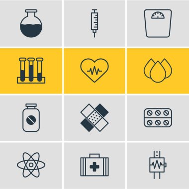 12 tıp simgeler vektör Illustration. Vaccinator, şişe, damlama ve diğer öğeleri düzenlenebilir paketi.