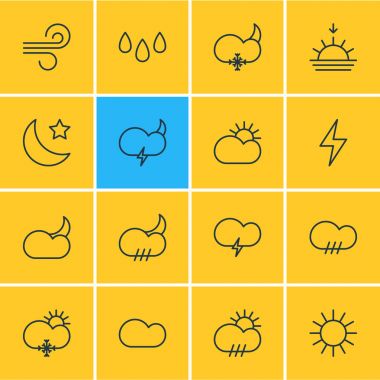 16 hava simgeler vektör Illustration. Yıldırım, meltem, hava durumu ve diğer öğeleri düzenlenebilir sürüsü.
