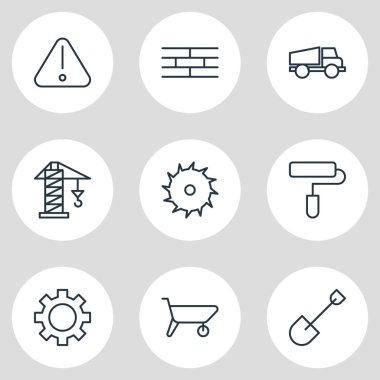 9 sanayi simgeler vektör Illustration. Düzenlenebilir yol işaret, silindir, kaldırma ve diğer öğeleri sürüsü.