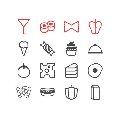 16 yemek simgeler vektör Illustration. Tatlı, dondurma, Streetfood ve diğer öğeleri düzenlenebilir paketi.