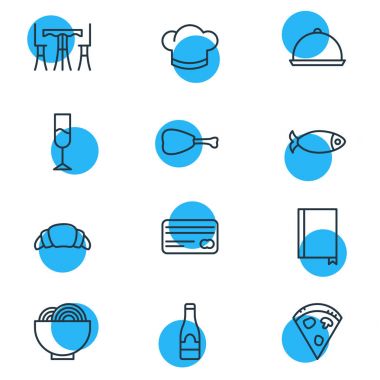 12 Restoran simgeler vektör Illustration. Pepperoni, tablo, bacak ve diğer öğeleri düzenlenebilir paketi.