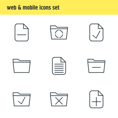 9 çalışma alanı simgeler vektör Illustration. Yükleme, şablon, bitmiş ve diğer öğeleri düzenlenebilir paketi.