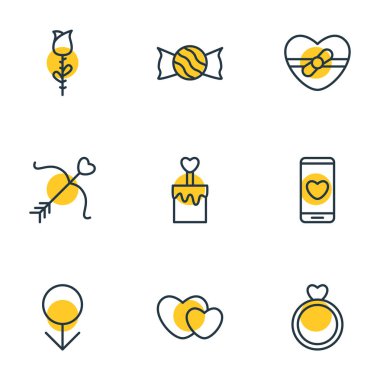 9 aşk simgeler vektör Illustration. Düzenlenebilir paketi hediye, Smartphone, nişan ve diğer öğeleri.