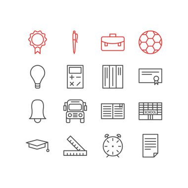 16 çalışmalar simgeler vektör Illustration. Cap, düzenlenebilir paket hesaplamak, metre ve diğer öğeleri.