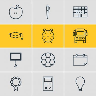 12 çalışmalar simgeler vektör Illustration. Tarih, Cap, düzenlenebilir paketi yazar tablo ve diğer öğeleri.