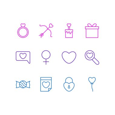 12 aşk simgeler vektör Illustration. Düzenlenebilir paketi hediye, kilit, kadın ve diğer öğeleri.