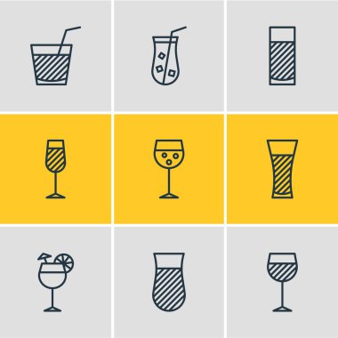 9 içecek simgeler vektör Illustration. Düzenlenebilir paket limonata, cam, suyu ve diğer öğeleri.