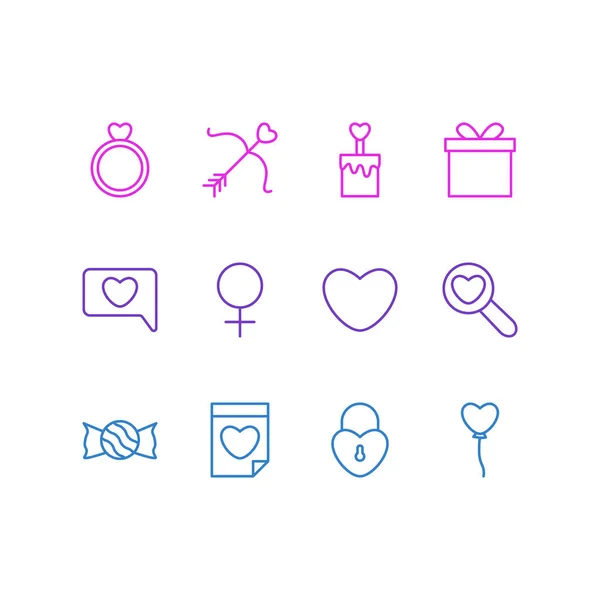 Illustration vectorielle de 12 icônes d'amour. Pack modifiable de cadeau, serrure, femme et autres éléments . — Image vectorielle