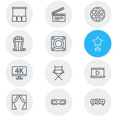 12 Film simgeler vektör Illustration. Çözünürlük, koltuk, monitör ve diğer öğeleri çekim düzenlenebilir paketi.