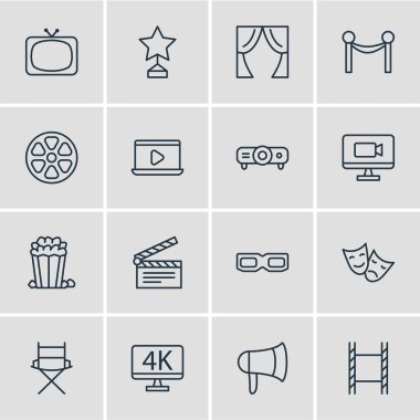 16 Film simgeler vektör Illustration. Film reel koltuk, televizyon ve diğer öğeleri çekim, düzenlenebilir paketi.