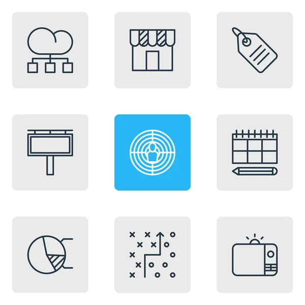 Ilustracja wektorowa 9 ikon reklamy. Edytowalne Pack kręgu diagramu, telewizji, Cloud dystrybucji i inne elementy. — Wektor stockowy