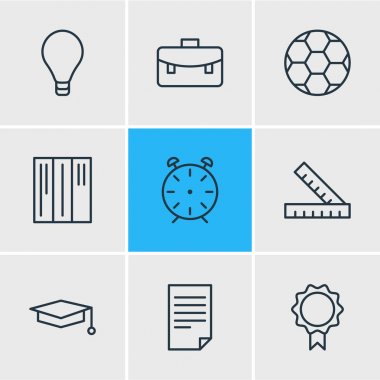 9 çalışmalar simgeler vektör Illustration. Düzenlenebilir paket metre, Cap, kupa ve diğer öğeleri.