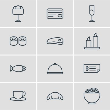 12 Restoran simgeler vektör Illustration. Japon rulo, hesap, yangın balmumu ve diğer öğeleri düzenlenebilir paketi.