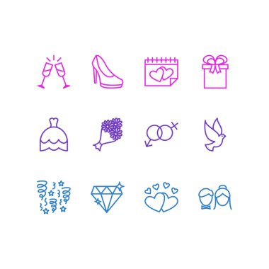 12 düğün simgeler vektör Illustration. Gelin buketi, gelinlik, Sandal öğelerin düzenlenebilir paketi.