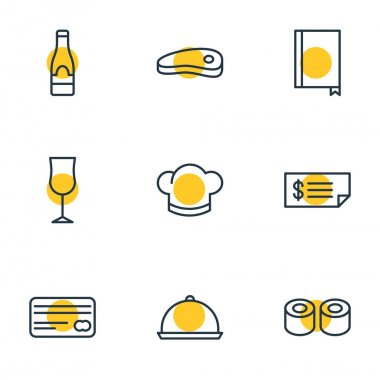 9 yemek simgeler vektör Illustration. Bardağı, kart, alkol ve diğer öğeleri düzenlenebilir paketi.