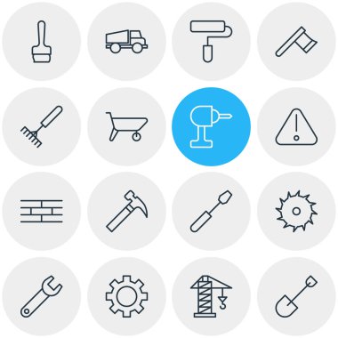 16 inşaat simgeler vektör Illustration. Spade, İngiliz anahtarı, Roller ve diğer öğeleri düzenlenebilir paketi.