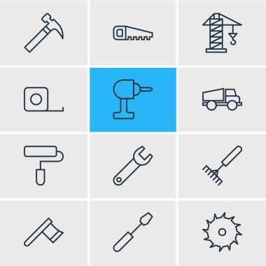 12 inşaat simgeler vektör Illustration. Balta, tutamacı isabet, kamyon öğelerin düzenlenebilir paketi.