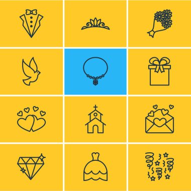 12 evlilik simgeler vektör Illustration. Düzenlenebilir paketi hediye, damat elbise, takı ve diğer öğeleri.