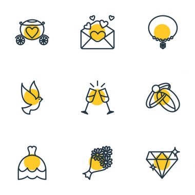 9 düğün simgeler vektör Illustration. Nişan, gelinlik, bardağı ve diğer öğeleri düzenlenebilir paketi.