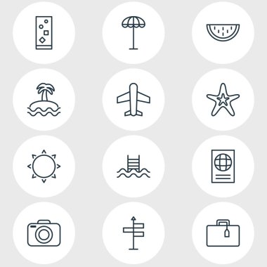 12 sezon simgeler vektör Illustration. Bavul, kokteyl, kavun ve diğer öğeleri düzenlenebilir paketi.