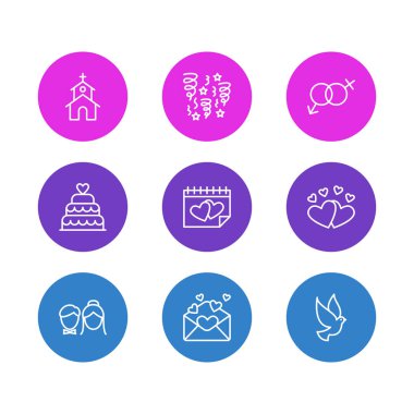 9 evlilik simgeler vektör Illustration. Takvim, kart, sevgi ve diğer öğeleri düzenlenebilir sürüsü.