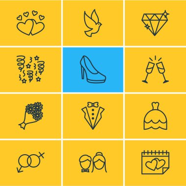 12 nişan simgeler vektör Illustration. Takvim, damat elbise, Sandal öğelerin düzenlenebilir paketi.