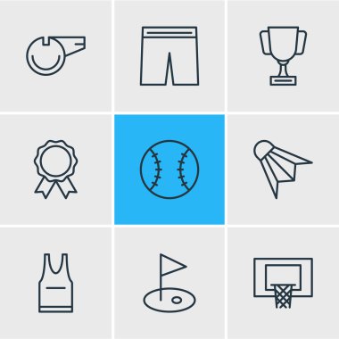 9 atletik simgeler vektör Illustration. T-Shirt, Badminton, üniforma ve diğer öğeleri düzenlenebilir paketi.