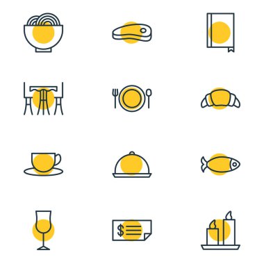 12 Restoran simgeler vektör Illustration. Bardağı, tablo, kase ve diğer öğeleri düzenlenebilir paketi.