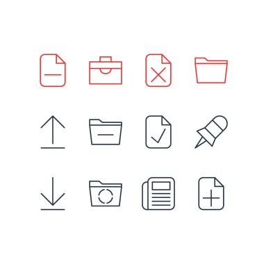 12 Office simgeler vektör Illustration. Şablon, düzenlenebilir paket yüklemek, artı ve diğer öğeleri.