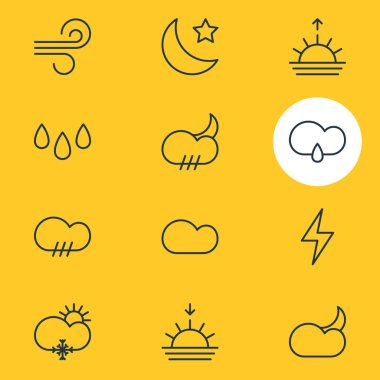 12 atmosfer simgeler vektör Illustration. Sunset, damla, bulut ve diğer öğeleri düzenlenebilir paketi.