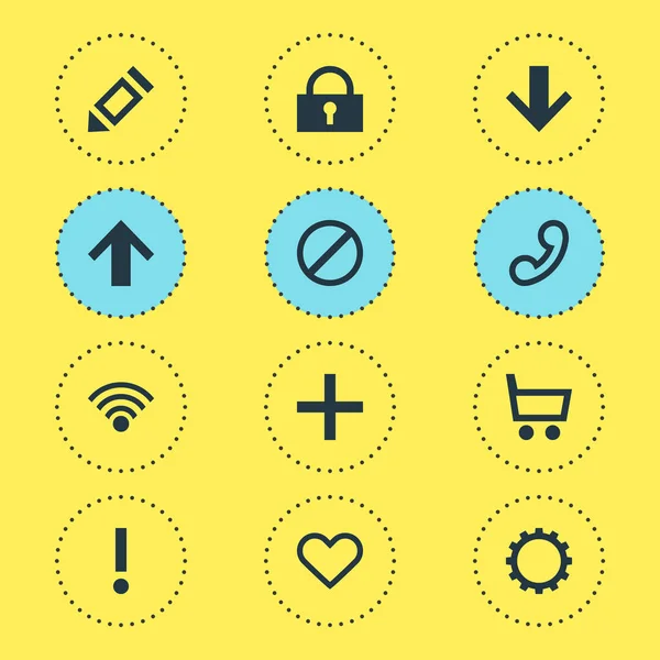 12 arabirim simgeler vektör Illustration. Erişim engellendi düzenlenebilir sürüsü, el arabası, kablosuz bağlantı ve diğer öğeleri.