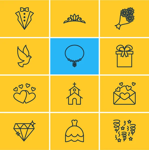 12 evlilik simgeler vektör Illustration. Düzenlenebilir paketi hediye, damat elbise, takı ve diğer öğeleri.