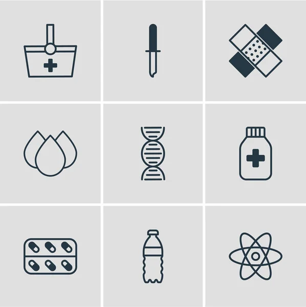 Ilustração vetorial de 9 ícones de medicina. Pacote editável de cesta, gotejamento, frasco de medicina e outros elementos . — Vetor de Stock
