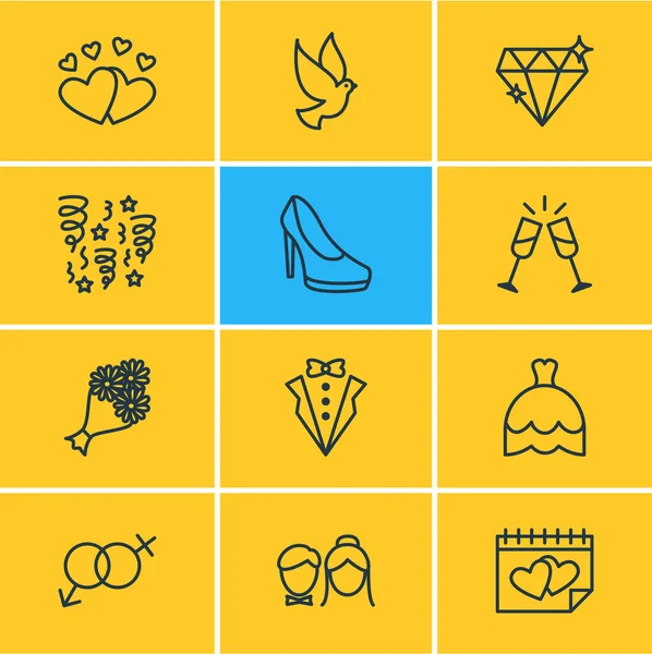 12 nişan simgeler vektör Illustration. Takvim, damat elbise, Sandal öğelerin düzenlenebilir paketi.