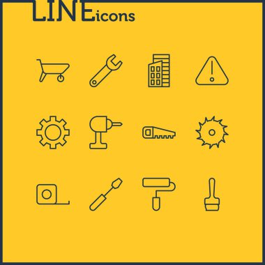 12 sanayi simgeler vektör Illustration. Bulutsuz, demir testeresi, ölçü birimi teyp öğelerin düzenlenebilir paketi.