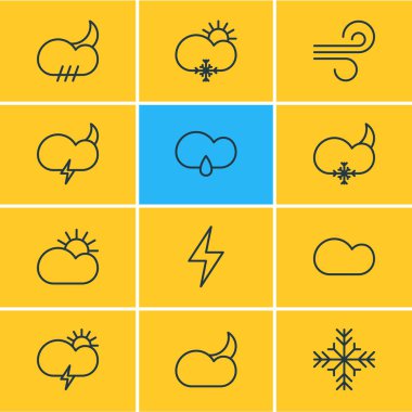 12 gökyüzü simgeler vektör Illustration. Hava, kar, yıldırım ve diğer öğeleri düzenlenebilir sürüsü.