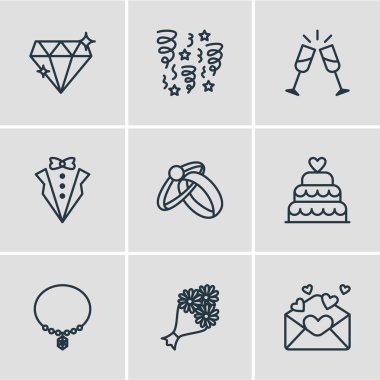 9 nişan simgeler vektör Illustration. Kartı, Dekorasyon, bardağı ve diğer öğeleri düzenlenebilir paketi.