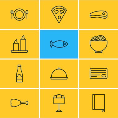 12 Restoran simgeler vektör Illustration. Alkol, biberli, gıda ve diğer öğeleri düzenlenebilir paketi.