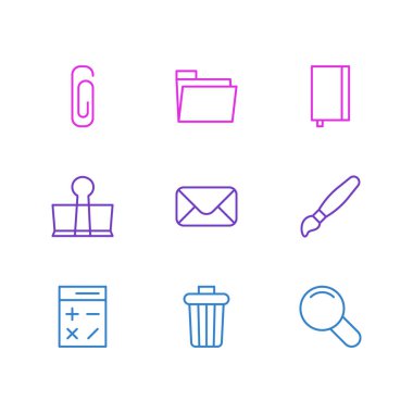 9 aletleri simgeler vektör Illustration. Mektup, ataç, boya ve diğer öğeleri düzenlenebilir paketi.