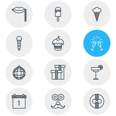 12 parti simgeler vektör Illustration. Düzenlenebilir paket tarihi blok, kadehi, Martini ve diğer öğeleri.