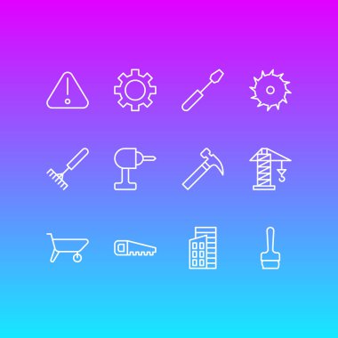 12 sanayi simgeler vektör Illustration. Dişli, tutamacı isabet, yol işareti öğelerinin düzenlenebilir paketi.