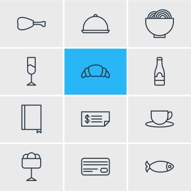 12 yeme simgeler vektör Illustration. Kartı, deniz ürünleri, tatlı ve diğer öğeleri düzenlenebilir paketi.