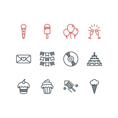 12 Ziyafet simgeler vektör Illustration. Kompakt Disk, Muffin, havai fişek ve diğer öğeleri düzenlenebilir paketi.