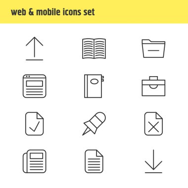 12 çalışma alanı simgeler vektör Illustration. İndirme, günlük, sayfa ve diğer öğeleri düzenlenebilir paketi.