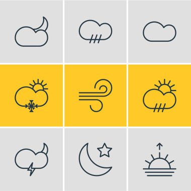 9 Hava simgeler vektör Illustration. Güneşli, hava, hilal ve diğer öğelerin düzenlenebilir paketi.
