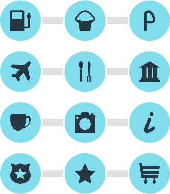 12 seyahat simgeler vektör Illustration. Coffee Shop, Cafe, alışveriş sepeti ve diğer öğeleri düzenlenebilir paketi.